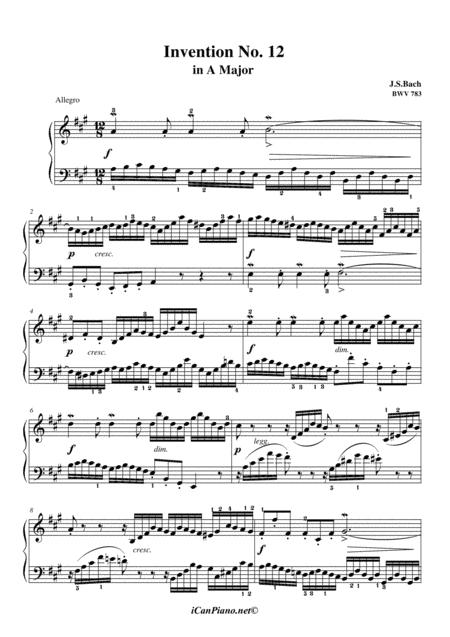 Invention No 12 In A Major Bwv 783 Js Bach Sheet Music