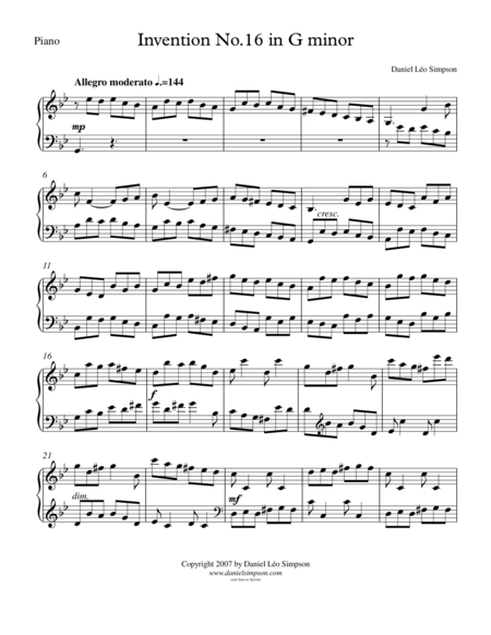 Invention No 16 In G Minor Sheet Music