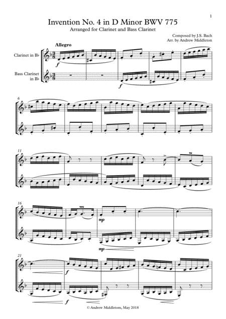 Invention No 4 In D Minor For Clarinet Bass Clarinet Sheet Music