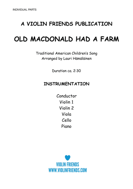 Invidual Parts For Old Macdonald Had A Farm Arranged For Junior String Orchestra With Piano Accompaniment Sheet Music