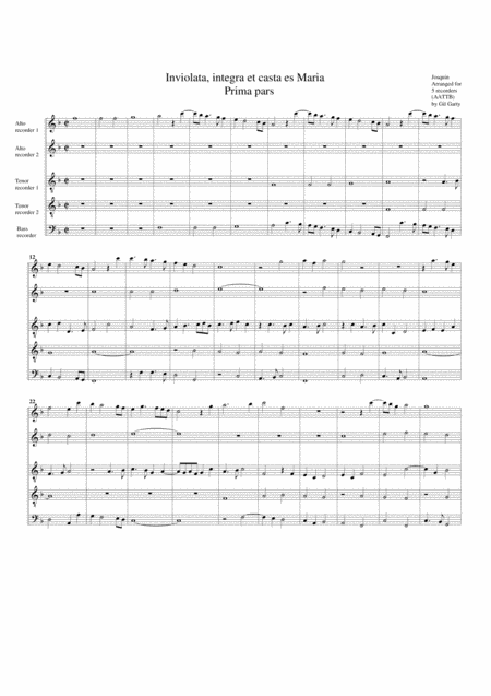 Inviolata Integra Et Casta Es Maria Arrangement For 5 Recorders Sheet Music