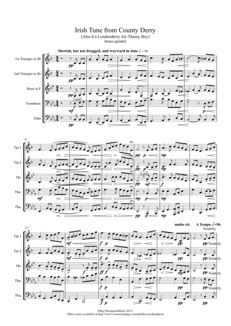 Free Sheet Music Irish Tune From County Derry Also K A Londonderry Air Danny Boy Brass Quintet