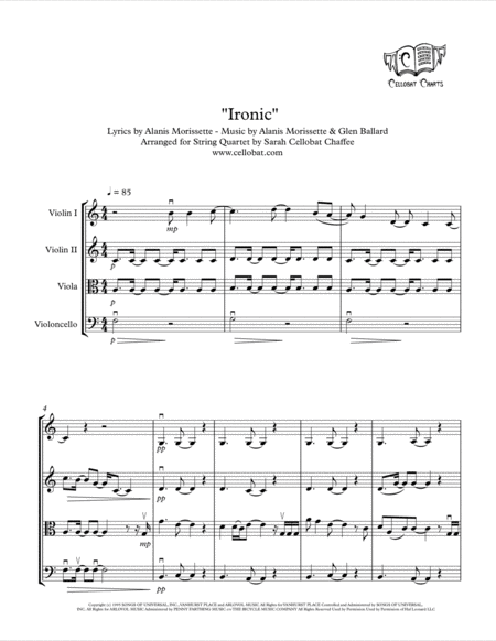 Free Sheet Music Ironic String Quartet Alanis Morissette Arr Cellobat