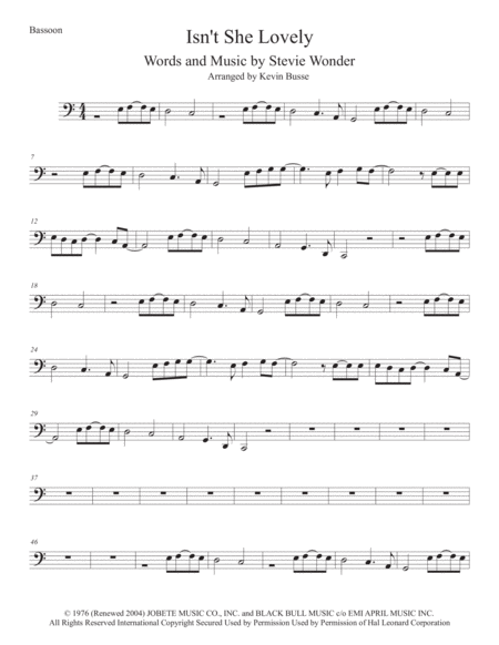 Isnt She Lovely Easy Key Of C Bassoon Sheet Music