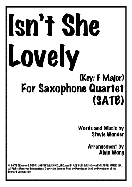 Free Sheet Music Isnt She Lovely F Major Saxophone Quartet