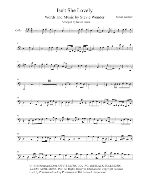 Isnt She Lovely Harmonica Solo Easy Key Of C Cello Sheet Music