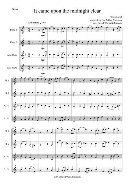 It Came Upon The Midnight Clear For Flute Quartet Sheet Music