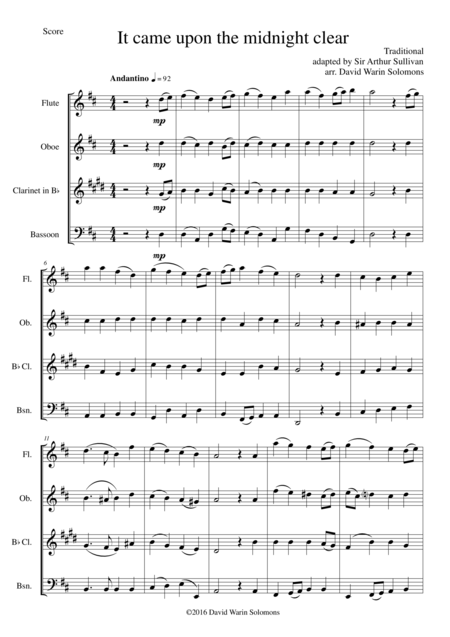 Free Sheet Music It Came Upon The Midnight Clear For Wind Quartet
