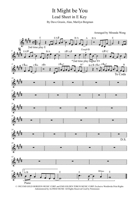 Free Sheet Music It Might Be You Lead Sheet In E Key With Chords