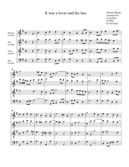 It Was A Lover And His Lass Arrangement For 4 Recorders Sheet Music