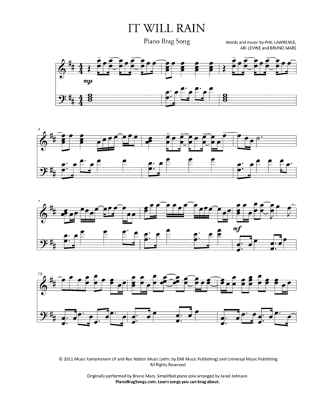 It Will Rain Short Piano Solo Bruno Mars Sheet Music