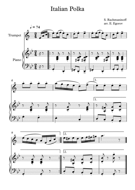 Italian Polka Sergei Rachmaninoff For Trumpet Piano Sheet Music