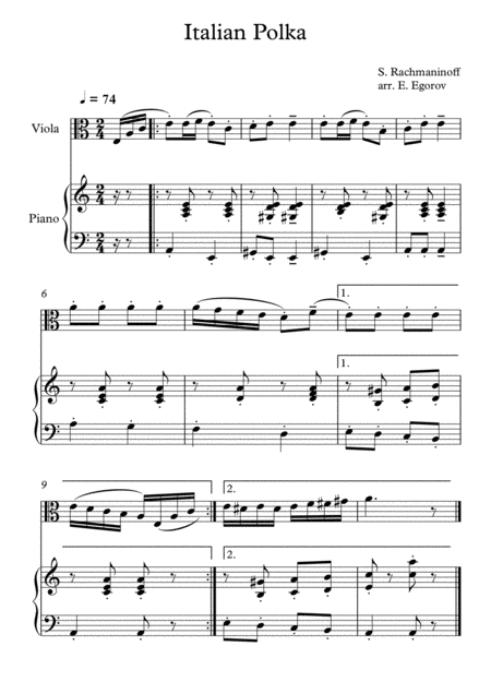 Italian Polka Sergei Rachmaninoff For Viola Piano Sheet Music