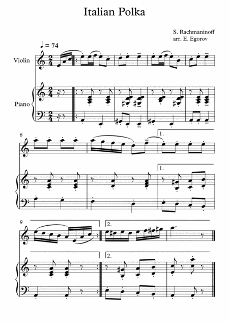 Italian Polka Sergei Rachmaninoff For Violin Piano Sheet Music