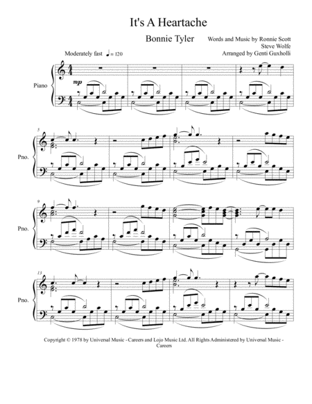 Its A Heartache Piano Solo Sheet Music