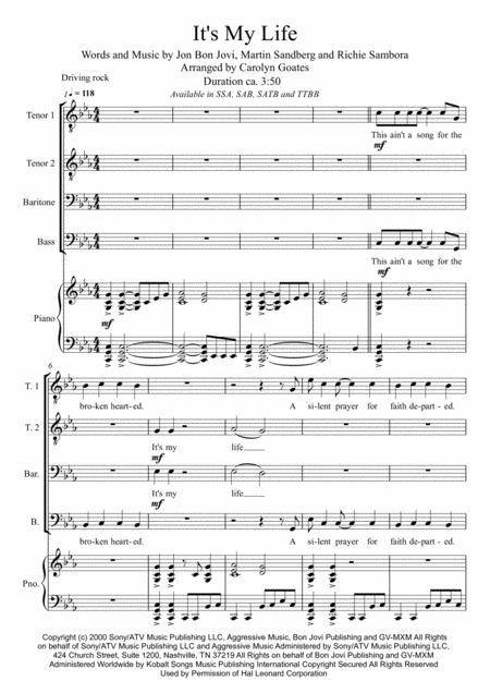 Its My Life Bon Jovi For Ttbb Choir Piano Sheet Music
