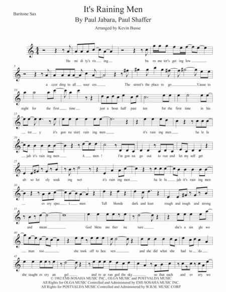 Its Raining Men Easy Key Of C Bari Sax Sheet Music