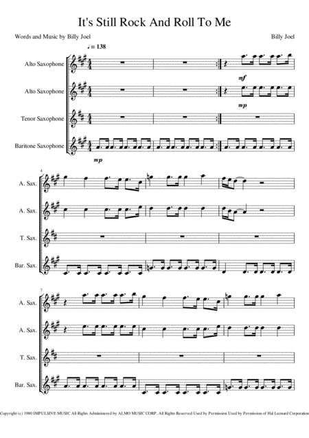 Free Sheet Music Its Still Rock And Roll To Me Saxophone Quartet