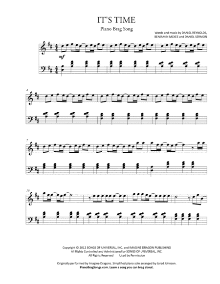 Free Sheet Music Its Time Short Piano Solo Imagine Dragons