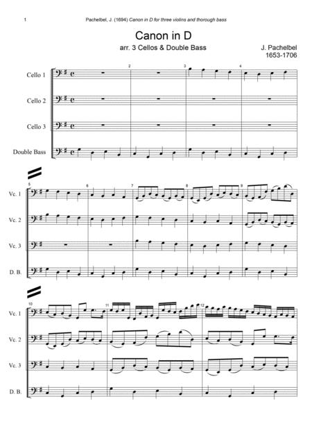 J Pachelbel Canon In D Dur Arr For 3 Cellos Double Bass Sheet Music