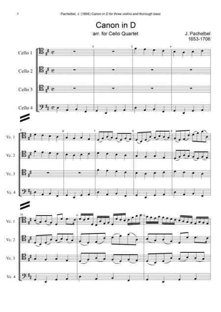 J Pachelbel Canon In D Dur Arr For Cello Quartet Sheet Music