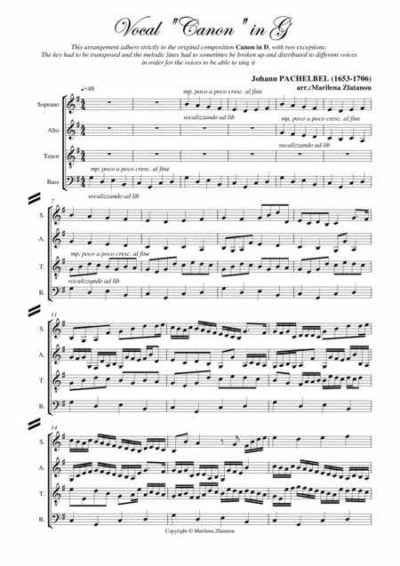 J Pachelbel Vocal Canon In G For Satb Choir A Cap Sheet Music