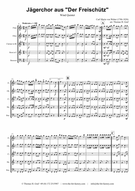 Jaegerchor Der Freischuetz C M Weber Wind Quintet Sheet Music