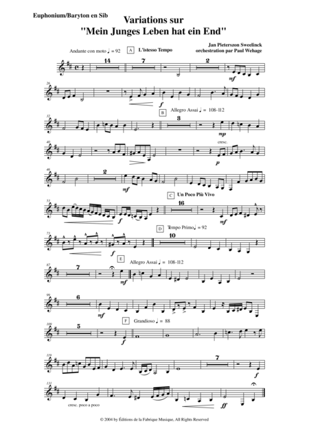 Jan Pieterszoon Sweelinck Paul Wehage Variations On Mein Juges Leben Hat Ein Ende Arranged For Concert Band Bb Baritone Euphone Tc Part Sheet Music