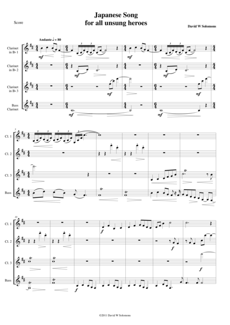 Japanese Song For Unsung Heroes Clarinet Quartet Sheet Music