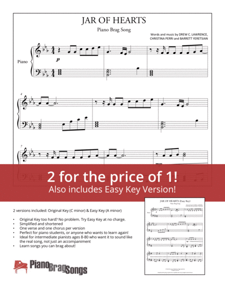 Jar Of Hearts Christina Perri Simplified And Easy Key Piano Solos Sheet Music