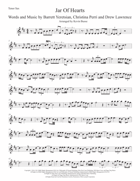 Jar Of Hearts Easy Key Of C Tenor Sax Sheet Music