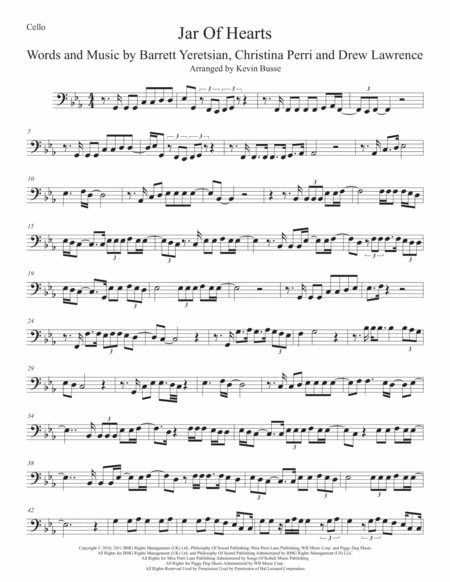 Jar Of Hearts Original Key Cello Sheet Music