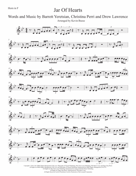 Jar Of Hearts Original Key Horn In F Sheet Music