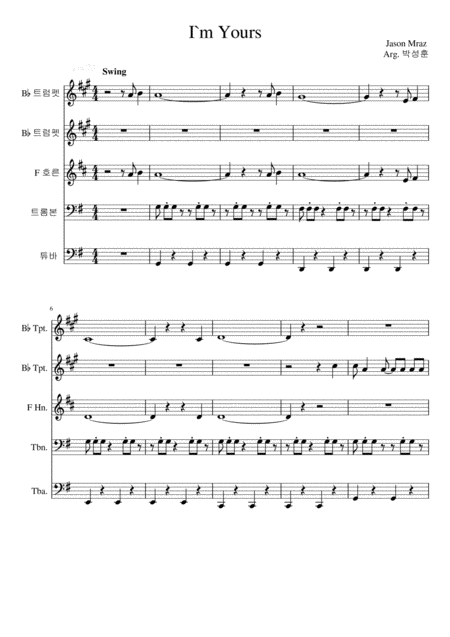 Jason Mraz I M Yours For Brass Quintet Sheet Music