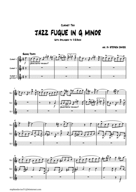 Free Sheet Music Jazz Fugue In G Minor Based On The Fantasia Fugue In G Minor Bwv542 By Js Bach For Clarinet Trio