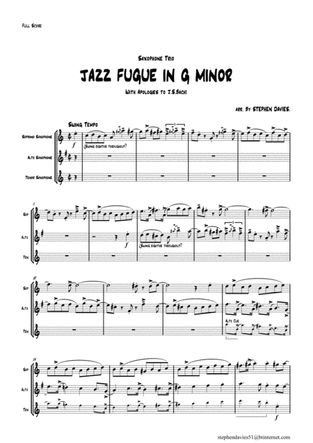 Free Sheet Music Jazz Fugue In G Minor Based On The Fantasia Fugue In G Minor Bwv542 By Js Bach For Saxophone Trio