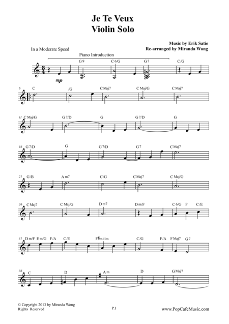 Je Te Veux Wedding Music For Violin Piano Romantic Pop Version Sheet Music