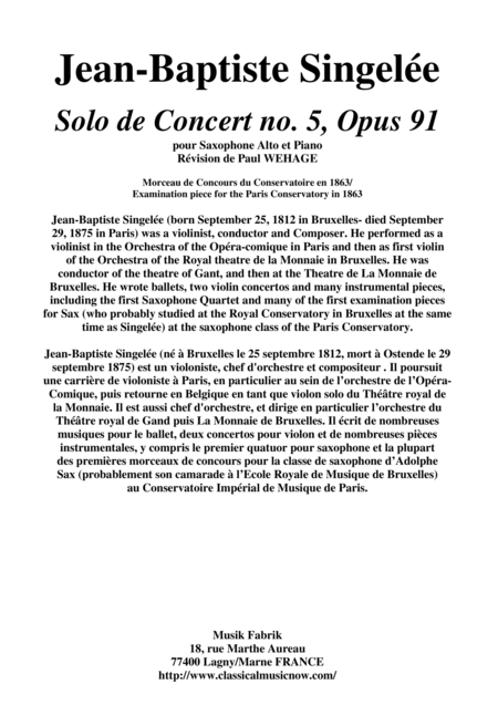 Jean Baptiste Singele Solo De Concert No 5 Opus 91 Pour Saxophone Alto Et Piano Sheet Music