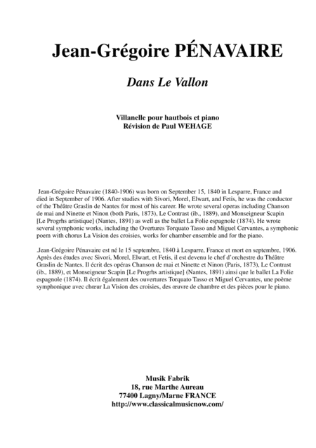 Free Sheet Music Jean Grgoire Pnavaire Dans Le Vallon Villanelle For Oboe And Piano