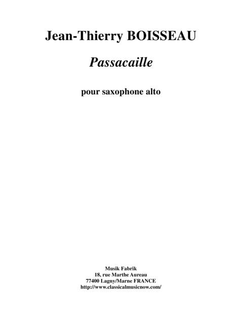 Jean Thierry Boisseau Passacaille For Solo Alto Saxophone Sheet Music