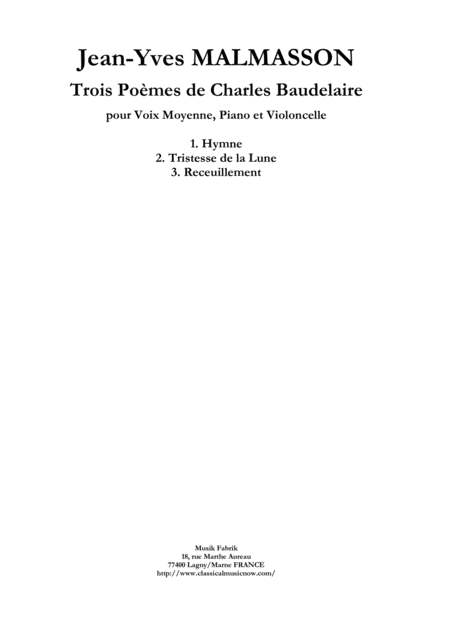 Free Sheet Music Jean Yves Malmasson Trois Pomes De Charles Baudelaire For Medium Voice Violoncello And Piano