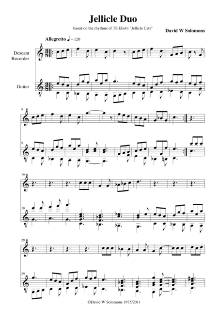 Free Sheet Music Jellicle Duo For Recorder And Guitar