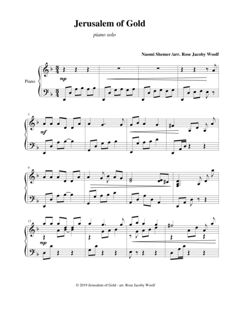 Jerusalem Of Gold Piano Solo Sheet Music