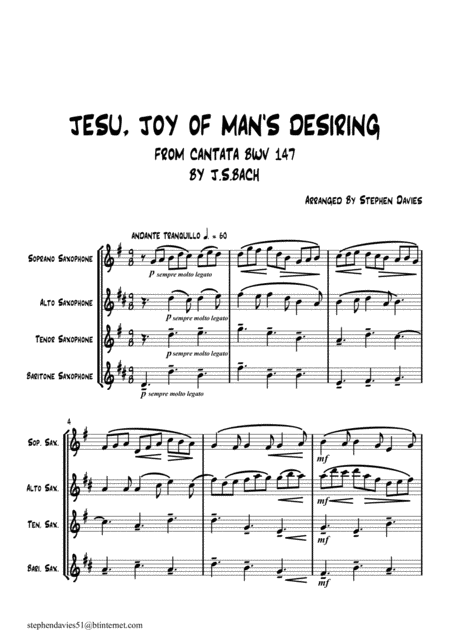 Free Sheet Music Jesu Joy Of Mans Desire From Cantata Bwv147 By Js Bach For Saxophone Quartet