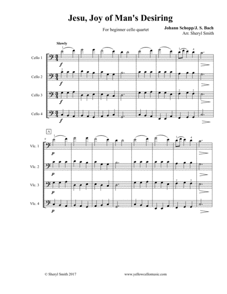 Jesu Joy Of Mans Desiring By Js Bach Arranged For Beginner Cello Quartet Sheet Music