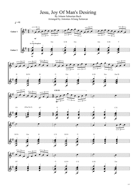 Free Sheet Music Jesu Joy Of Mans Desiring Duet Guitar Score