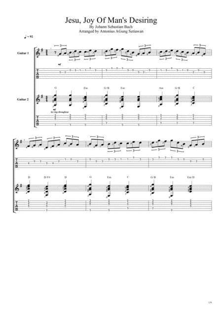 Jesu Joy Of Mans Desiring Duet Guitar Tablature Sheet Music