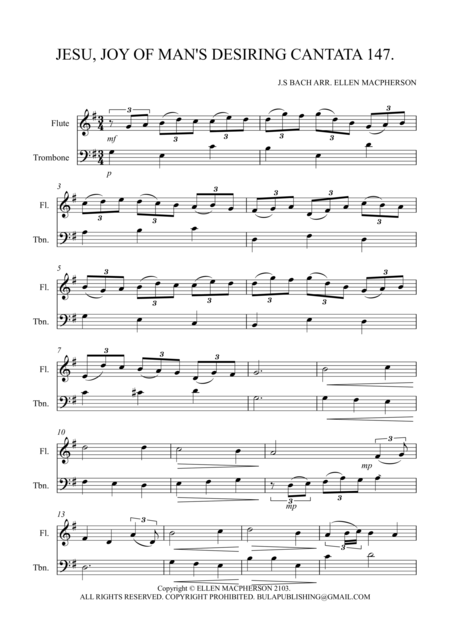 Jesu Joy Of Mans Desiring From Cantata No 147 Flute Trombone Duet Sheet Music