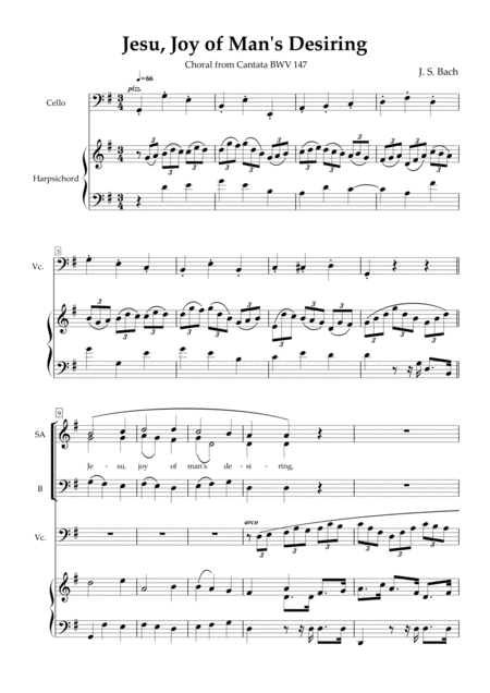 Free Sheet Music Jesu Joy Of Mans Desiring Sab Choir Cello Keyboard Processional Version