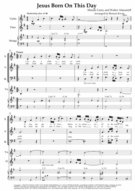 Free Sheet Music Jesus Born On This Day Sab Choir With Keyboard Flute Violin